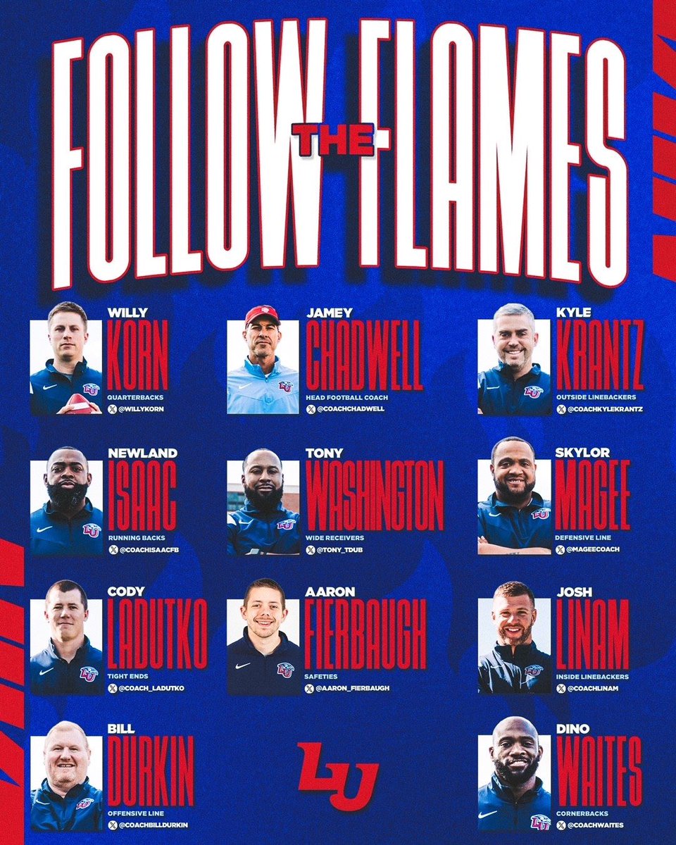 Make sure you're following all of our coaches & keeping up with the Flames! HC:@CoachChadwell QB:@willykorn RB:@coachisaacFB WR:@Tony_TDUB TE:@Coach_Ladutko OL:@coachbilldurkin DL:@MageeCoach OLB:@CoachKyleKrantz LB:@CoachLinam CB:@coachwaites S:@Aaron_Fierbaugh