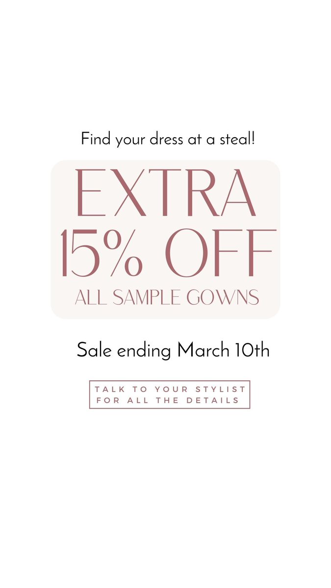 February 28th until March 10th receive an additional 15% OFF previously discounted sample gowns! Don’t miss your chance to shop over 100 sample gowns from $500-2500. Book today and find your dream dress at a steal!✨ sashandbustle.com/book-now