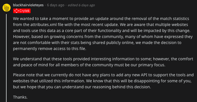 Pretty disappointing to see this response from <a href="/Crytek/">Crytek</a> <a href="/HuntShowdown/">Hunt: Showdown</a> - this was the smallest way to track your match stats, something that was promised years ago on various iterations of the roadmap. <a href="/Buckwild_Abrams/">David Fifield</a> <a href="/BlkHrVioletEyes/">Violet, find me in the bluer-skies</a>