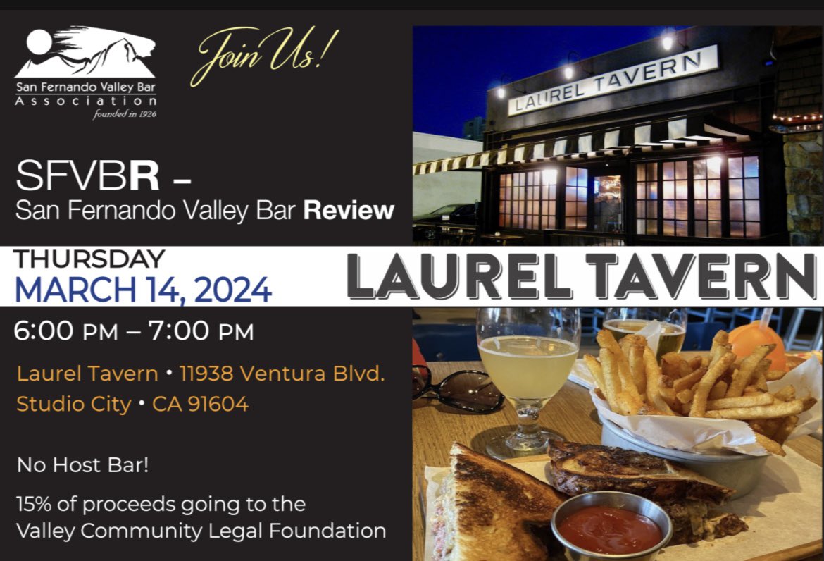 Mix with your colleagues in the San Fernando Valley to build your network and unwind. March 14, 6:00-7:00 pm at the Laurel Tavern. RSVP here: members.sfvba.org/calendar/signu…. <a href="/TheLaurelTavern/">Laurel Tavern</a> #StudioCity #LosAngeles #WoodlandHills
