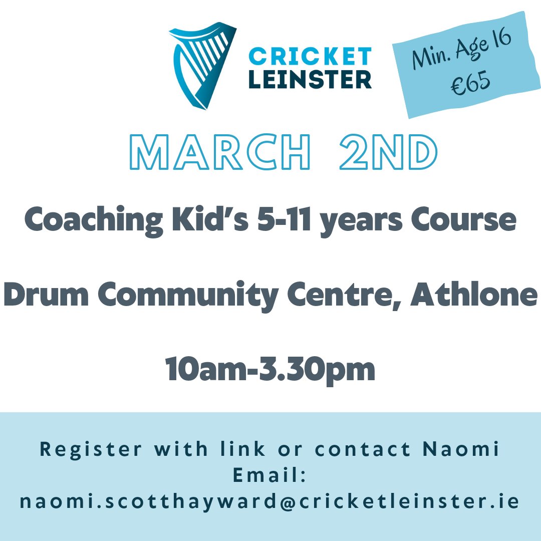 🚨COACHING KIDS!🚨 Registration closes tomorrow! 🏏 2nd March, 10am-3.30pm 📍Drum Comm Centre, Athlone buytickets.at/cricketleinste…