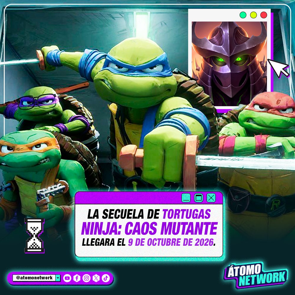 pixelatomicoyt's tweet photo. VIDEO: https://t.co/bzbWE2yLZE
¡Saquen las pizzas para celebrar! 🍕🐢 Los héroes de las alcantarillas regresarán muy pronto, la secuela de #TortugasNinja: #CaosMutante llegará a los cines el 9 de octubre de 2026 ¿Listos para ver a Shredder? ¡COWABUNGA! https://t.co/stBXi7eCAS