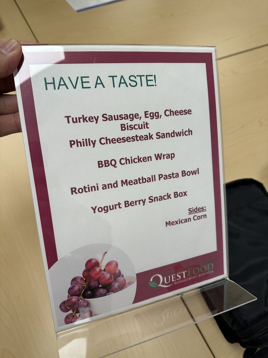 Thank you <a href="/QuestFMS/">Quest Food Mgmt Serv</a> for meeting with our students to discuss and sample future food options! Students provided excellent feedback on what they and their peers enjoy.