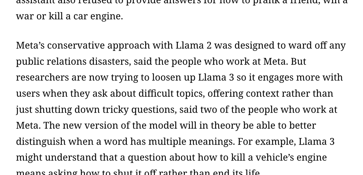 general purpose AI chatbots are a PR minefield. damned if the chatbot answers a question, damned if it refuses. with llama 3, meta hopes to get around that: theinformation.com/articles/meta-… per @SylviaVarnham @KalleyHuang