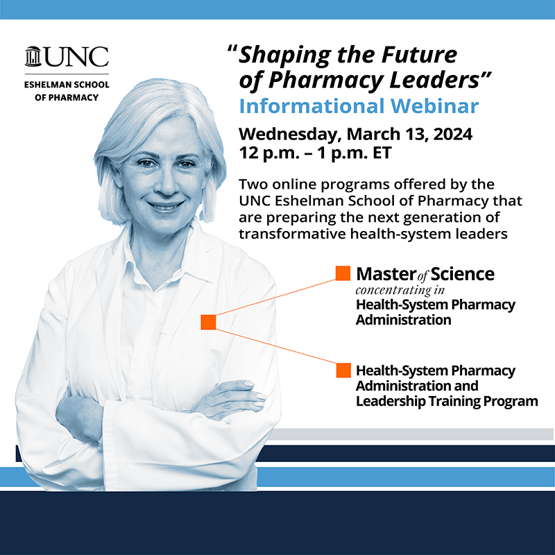 Join our experts to learn more about how you can tailor your career needs with two online pharmacy administration programs from the UNC Eshelman School of Pharmacy. It’s a valuable opportunity to get your questions answered! Register now: bit.ly/49RQV3N #UNCPharmacy
