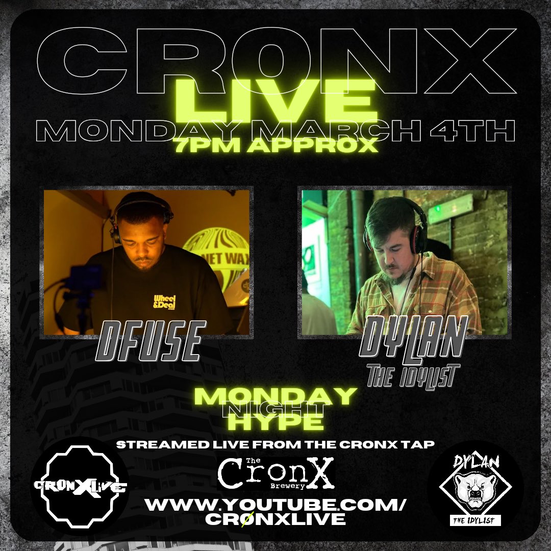 Catch me special guesting next Monday 4th March 2024 from 19:00 GMT onwards for Dylan The Idylist live from the Cronx Tap In Croydon on the Cronxlive YouTube page. youtube.com/cr0nxlive