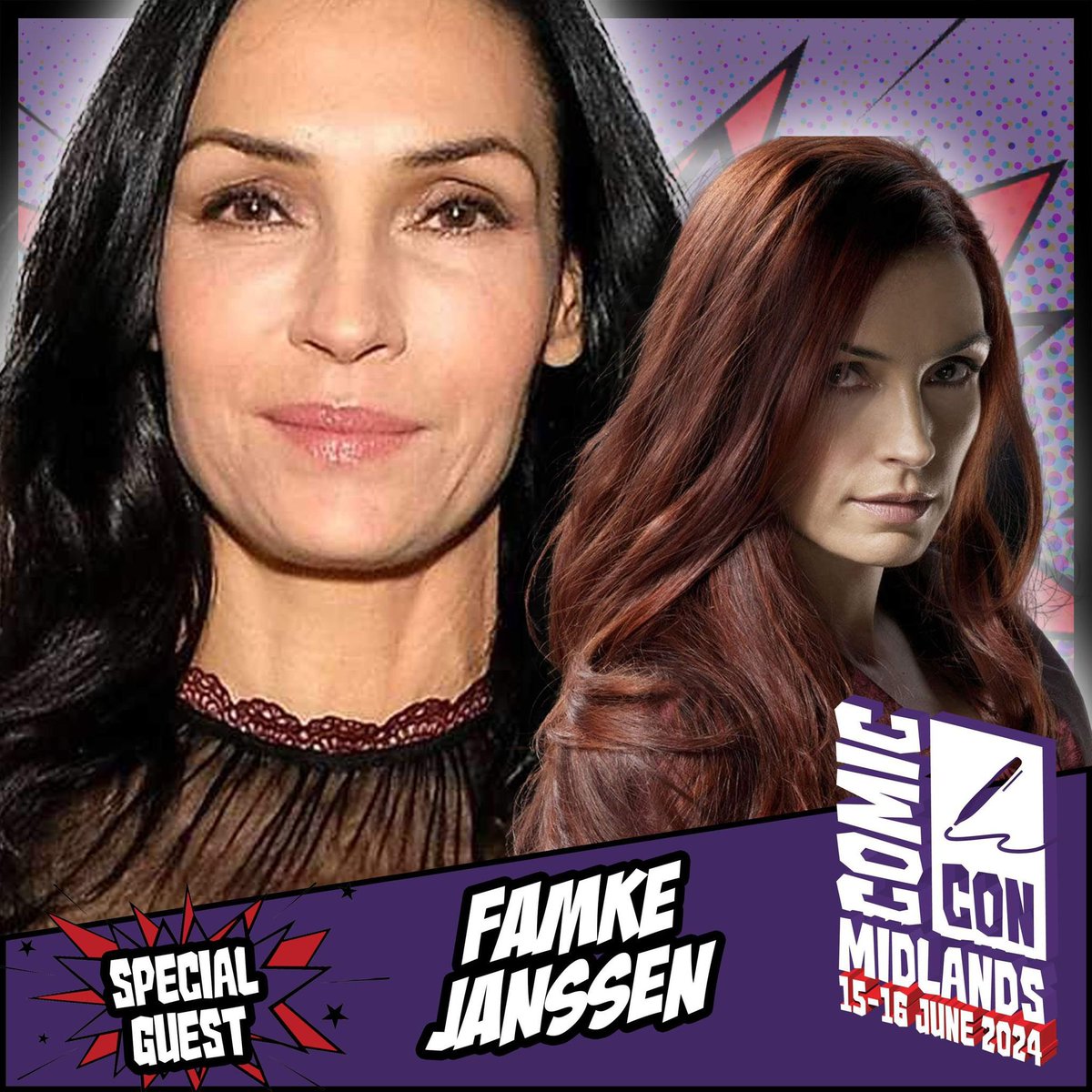 Comic Con Midlands welcomes Famke Janssen, known for projects such as GoldenEye, X-Men, Taken, Hemlock Grove, and many more. Appearing 15-16 June! Tickets: comicconventionmidlands.co.uk