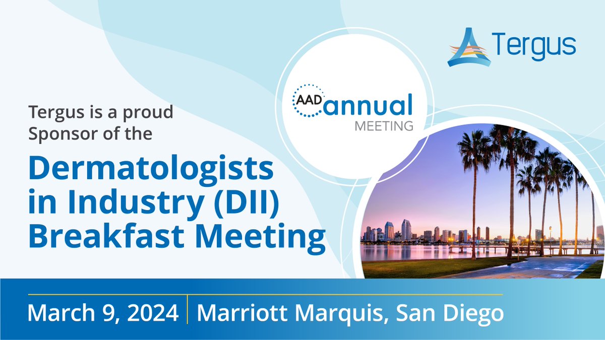 Tergus is a proud sponsor of the Dermatologists in Industry (DII) Breakfast Meeting March 9th during the annual AAD meeting in San Diego. hubs.la/Q02lR6CG0 #AADMeeting2024 #DermatologistsInIndustry #TopicalCDMO