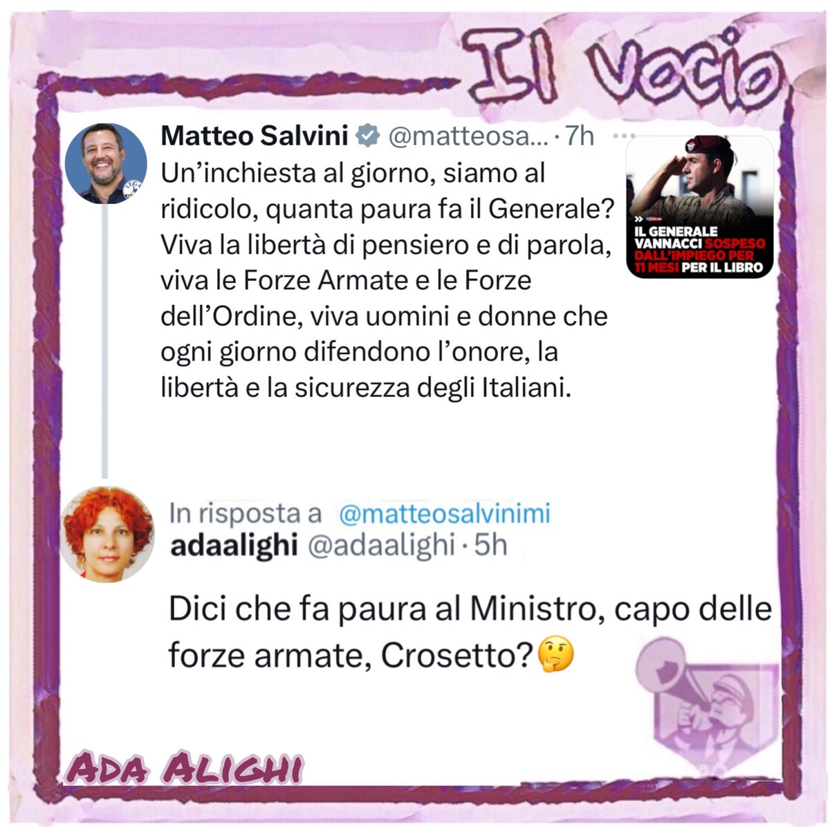 #adaalighi #ilvocio #28febbraio #Salvini #Vannacci #indagato #libro #ilmondoalcontrario #indagato #razzismo #frode #peculato #Crosetto #sospeso