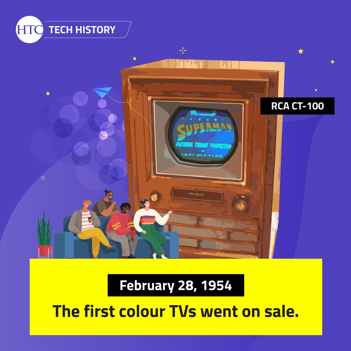 HTCWebSolutions's tweet image. Dive into history with us! Today marks the milestone moment when the first colour TVs hit the market, revolutionizing home entertainment forever. #ColorTV #TechHistory #Innovation