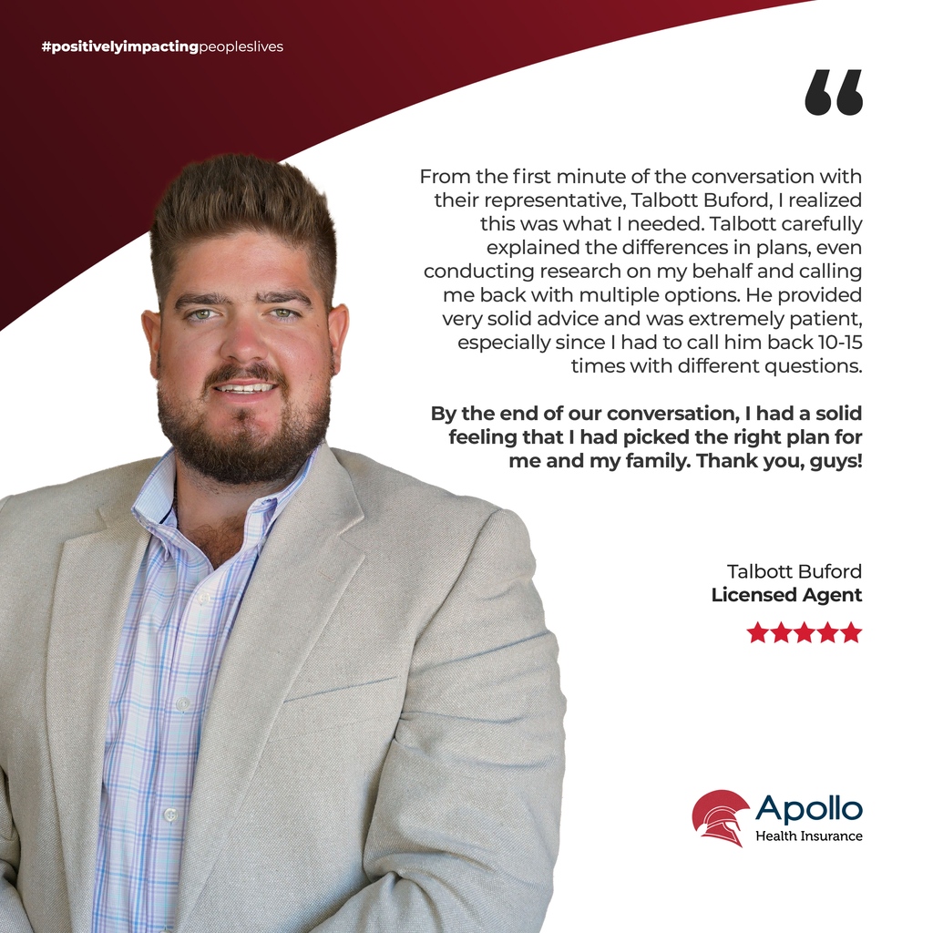 Our job is to make this process as easy as possible! We're committed to finding the best health coverage for our clients. Great job, Talbott!

#ApolloFights4You #healthcareinsurance #apollohealthinsurance #PositivelyImpactPeoplesLives #clientreview