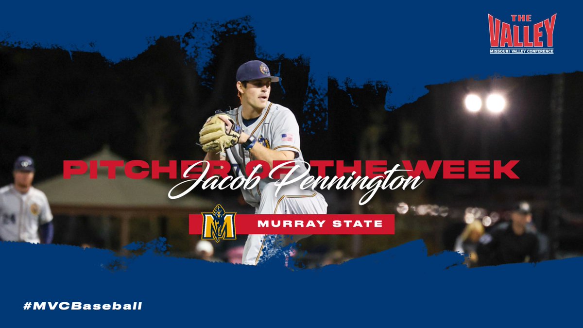 Pitcher of the Week ⫸ Jacob Pennington,<a href="/RacersBaseball/">Murray State Baseball</a>

▪️7 scoreless innings allowing 4 hits &amp; striking out 9 batters. Pennington became the 5th player in program history with 200 career strikeouts
▪️tied at lowest ERA in the MVC 0.00

#MVCBaseball | #TheValleyRunsDeep