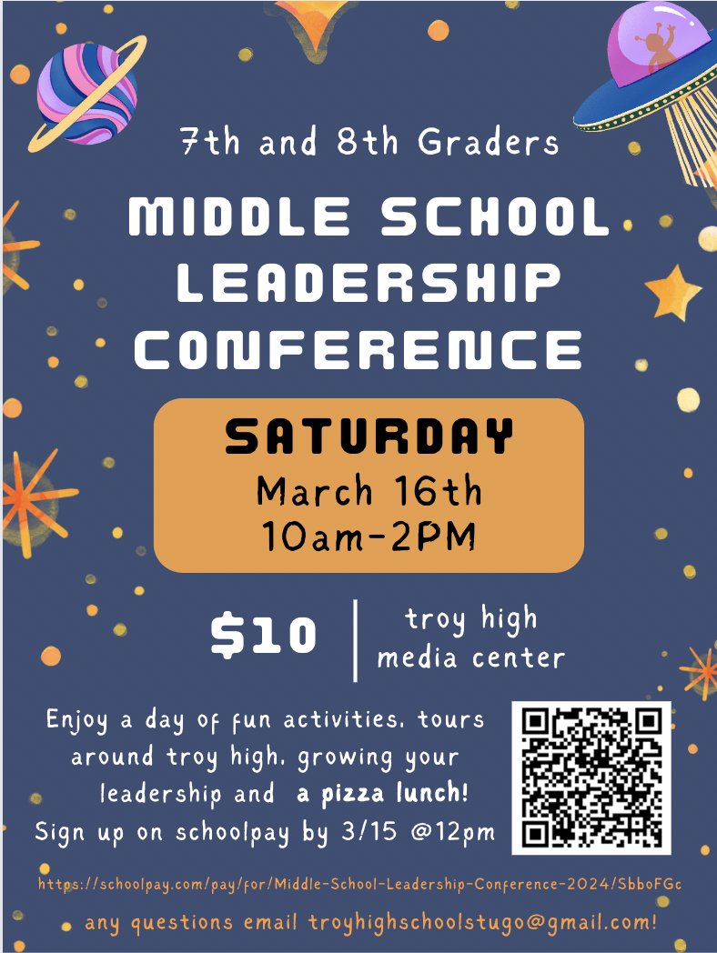7th or 8th graders in the Troy School District, sign up for the middle school leadership conference!! Enjoy a day of fun activities, tours around troy high, growing your leadership and a pizza lunch! Sign up on schoolpay by 3/15- schoolpay.com/pay/for/Middle…