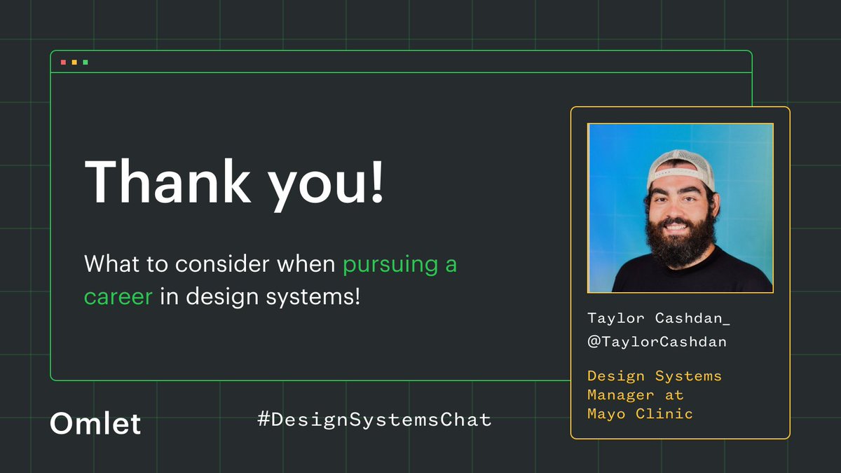 omlet_dev's tweet image. That's a wrap! The #DesignSystemsChat with @TaylorCashdan comes to a close now.
Let's all give a HUGE thank you to Taylor for joining us, and we hope to see everyone at the next few chats. 🍳