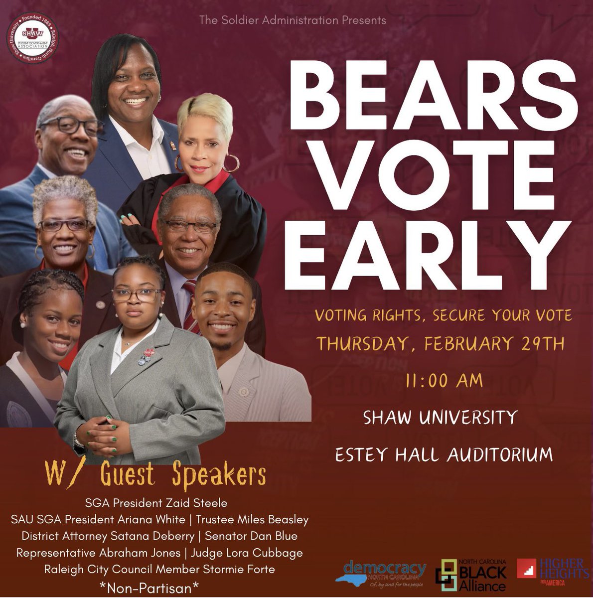 Tomorrow morning at 11 AM! 

Join me along with <a href="/1stormie1/">The Art of Listening with Stormie Forte</a>, <a href="/loracubbage4ju1/">loracubbage4judge</a>, <a href="/DanBlueNC/">Dan Blue</a>, <a href="/SatanaDeberryNC/">Satana Deberry For North Carolina</a> and <a href="/ShawUniversity/">Shaw University</a> SGA President Zaid Steele for great discussion on voting rights and election season! 

Students, faculty and staff please join us at Estey Hall!!