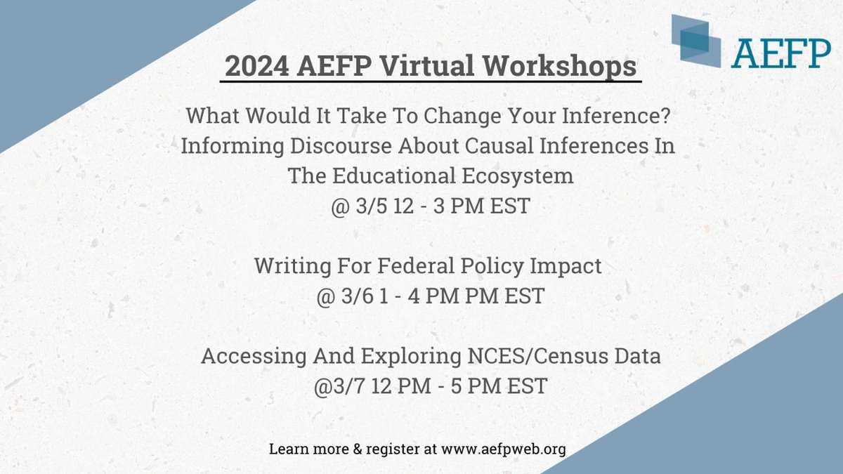 Excited for #AEFP2024? Join us next week for our three pre-conference workshops next month on Informing Discourse About Causal Inference in The Educational Ecosystem, Writing for Federal Policy Impact &amp; Accessing And Exploring NCES/Census Data aefpweb.org/calendar_list.…