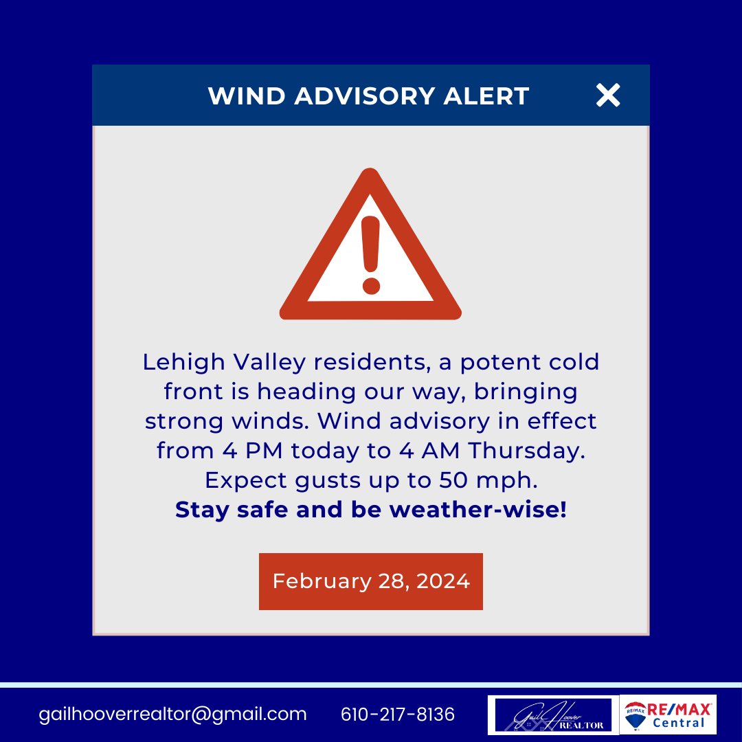 Wind Advisory Alert:
Lehigh Valley residents, a potent cold front is heading our way, bringing strong winds. Wind advisory in effect from 4 PM today to 4 AM Thursday.

#LehighValley #lehighvalleypa