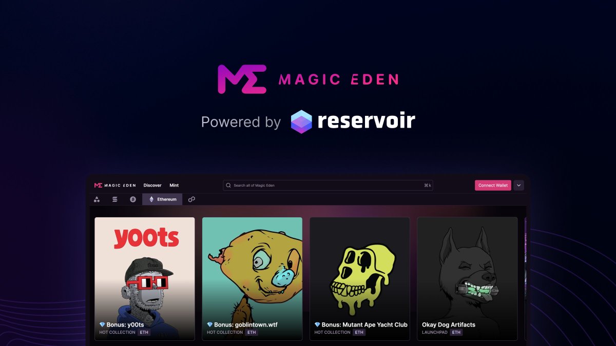 Reservoir is proud to power the @MagicEden Ethereum marketplace 🤝 Magic  Eden is built on Reservoir NFT - a best-in-class marketplace backend,  available across EVM chains Building a marketplace? Reservoir makes it