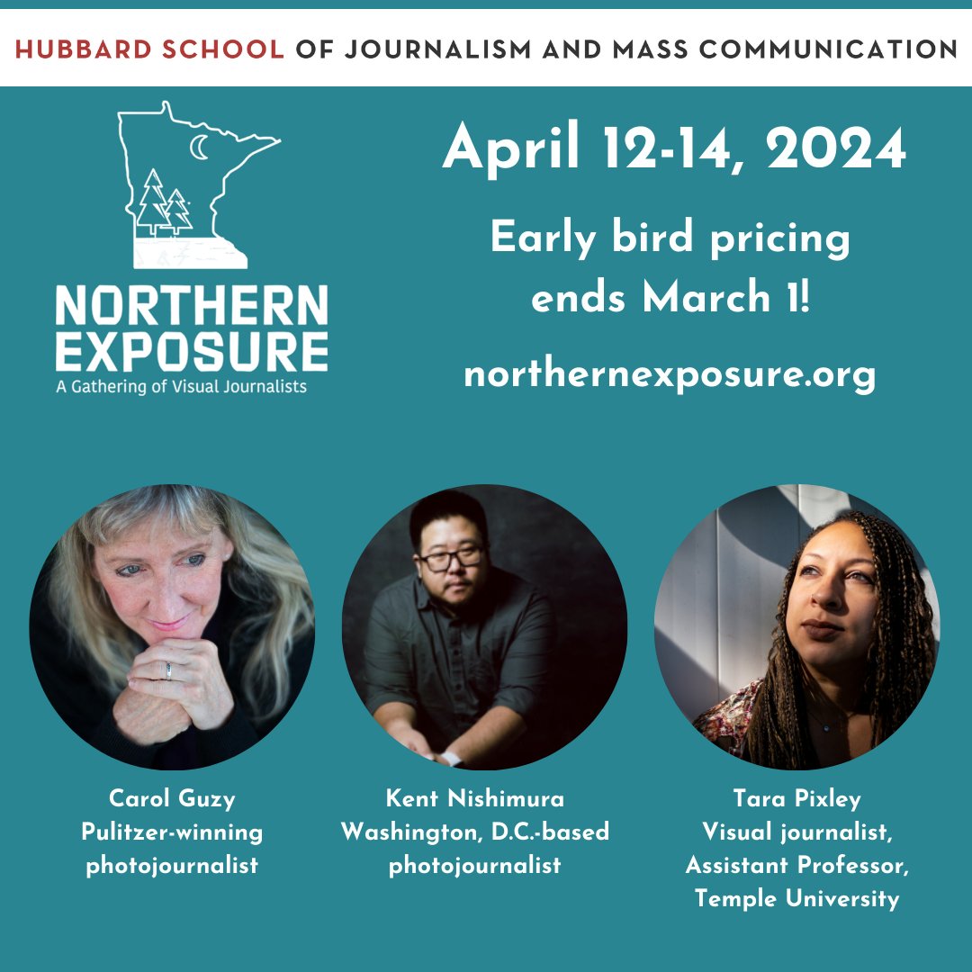 Early bird pricing for the Northern Exposure visual journalism conference (@exposure_mn) ends Friday! Join us for an amazing lineup of keynotes and breakouts. Register at northernexposuremn.org