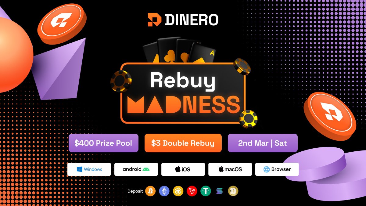 Skill or Luck? The Rebuy Madness $400 prize pool poker tournament on $DINERO platform is now open for registration! Secure your spot with your friends and get ready to compete! 🏆 Join us this Saturday! Entry is only $3 with a re-entry option also available at $3.For more