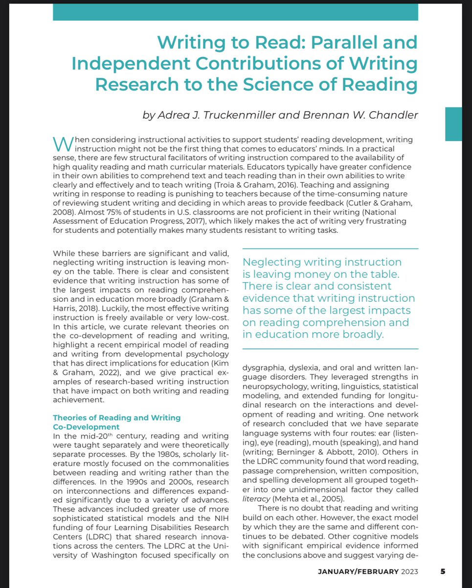 GuidingLiteracy's tweet image. “Neglecting writing instruction is leaving money on the table. There is clear and consistent evidence that writing instruction has some of the largest impacts on reading comprehension and in education more broadly.” @TruckTrucks researchgate.net/profile/Brenna…
