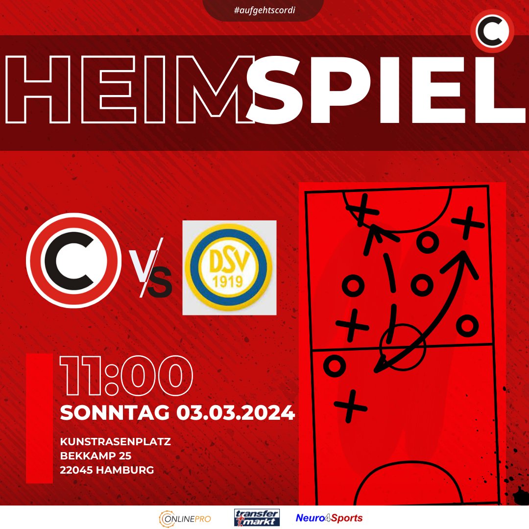 🚨 Spielankündigung 🚨

Am kommenden Spieltag treffen Cordi und Düneberg erneut aufeinander! 🤩⚽️

📆 Datum: 03. März 2024
🕒 Uhrzeit: 11:00 Uhr
🏟️ Ort: Kunstrasenplatz Bekkamp 25 in Hamburg

#CordiVsDüneberg #Fußball #Matchday #Emotionen