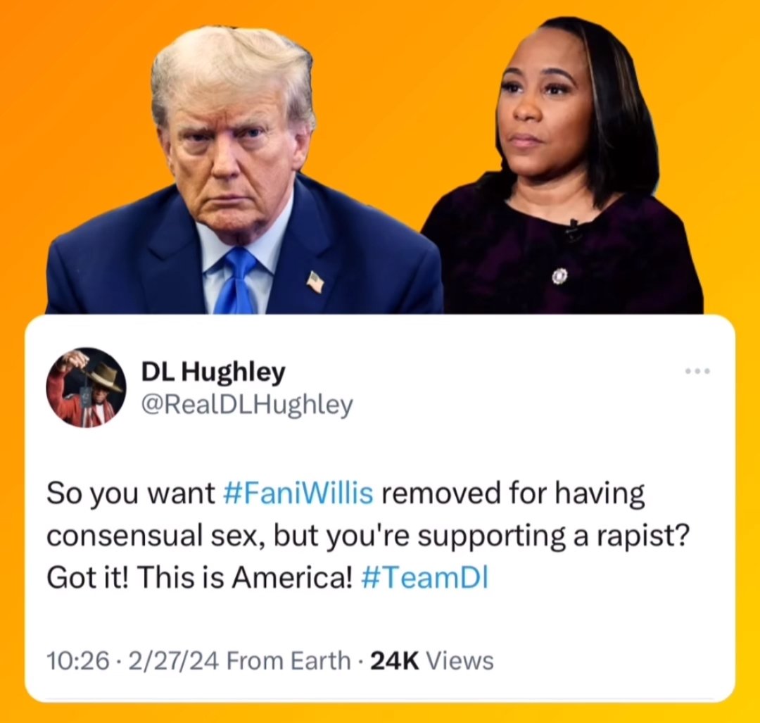 Agreed, @RealDLHughley 💯 
Wanting #FaniWillis removed while supporting @realDonaldTrump, Mr Serial Adulterer himself, is extremely hypocritical.  

Focus on the #rico, #witnessintimidation, #ElectionInterference, #voterfraud FACTS OF THE CASE.

#DoBetterAmerica 
#TrumpIsGuilty