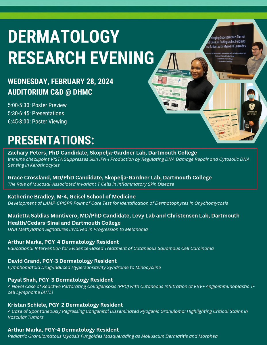 Proud of my students <a href="/ZacharyTPeters/">Zack Peters</a> and <a href="/gcrossland95/">Grace Crossland</a> for presenting their work <a href="/DartmouthHealth/">Dartmouth Health</a> Dermatology Research Evening. <a href="/GeiselMed/">Geisel School of Medicine at Dartmouth</a> <a href="/MCBDartmouth/">Dartmouth MCB Graduate Program</a>
