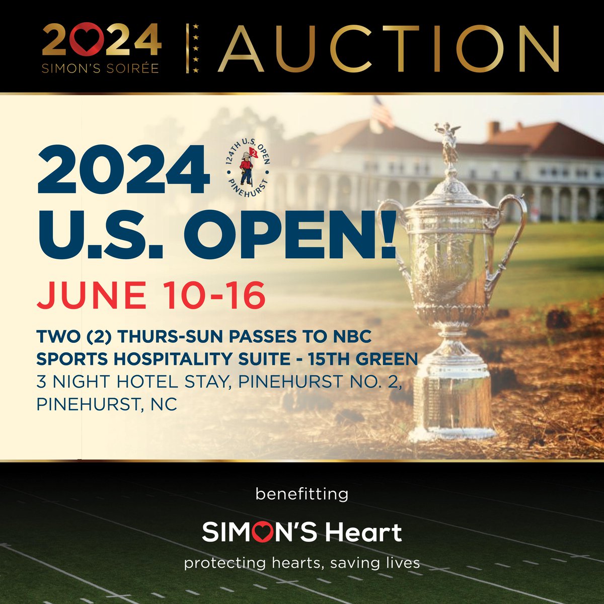 Where are our golf fans at?! Don't miss out on your chance to win two (2) passes to the NBC Sports Hospitality Suite (Thursday through Sunday) at the 2024 U.S. Open, plus a 3-night hotel stay. You don't have to be present to bid! Bid online now: bit.ly/42A30YN
