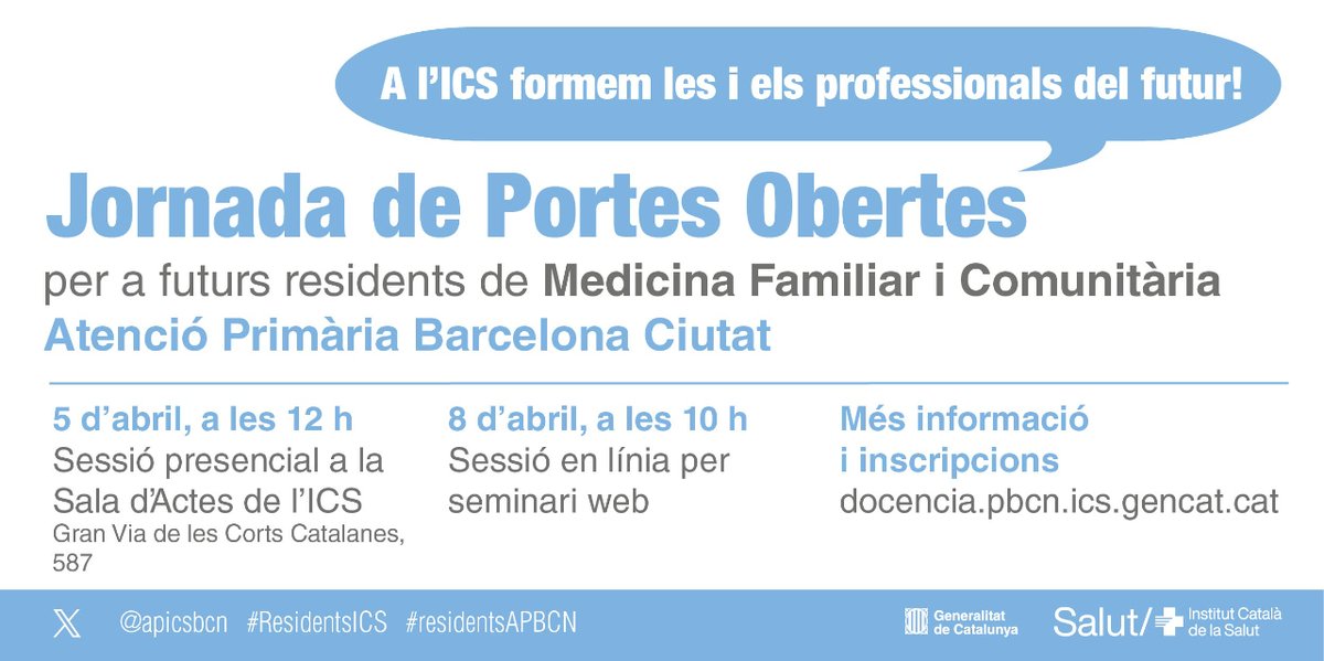 Atenció Primària i a la Comunitat de l'ICS (@primariaicscat) on Twitter photo 📣 Vols conèixer la formació a residents en medicina que fem a l'Atenció Primària i a la Comunitat de Barcelona Ciutat?
Jornades de portes obertes
📌Presencials, 5 d'abril, a les 12 h
Al centre corporatiu de l'<a href="/icscat/">ICS. Generalitat</a>
🖥️En línia, 8 d'abril a les 10 h
atencioprimariaicsbcn.wordpress.com/2024/02/22/jor… 📣 Vols conèixer la formació a residents en medicina que fem a l'Atenció Primària i a la Comunitat de Barcelona Ciutat?
Jornades de portes obertes
📌Presencials, 5 d'abril, a les 12 h
Al centre corporatiu de l'<a href="/icscat/">ICS. Generalitat</a>
🖥️En línia, 8 d'abril a les 10 h
atencioprimariaicsbcn.wordpress.com/2024/02/22/jor…