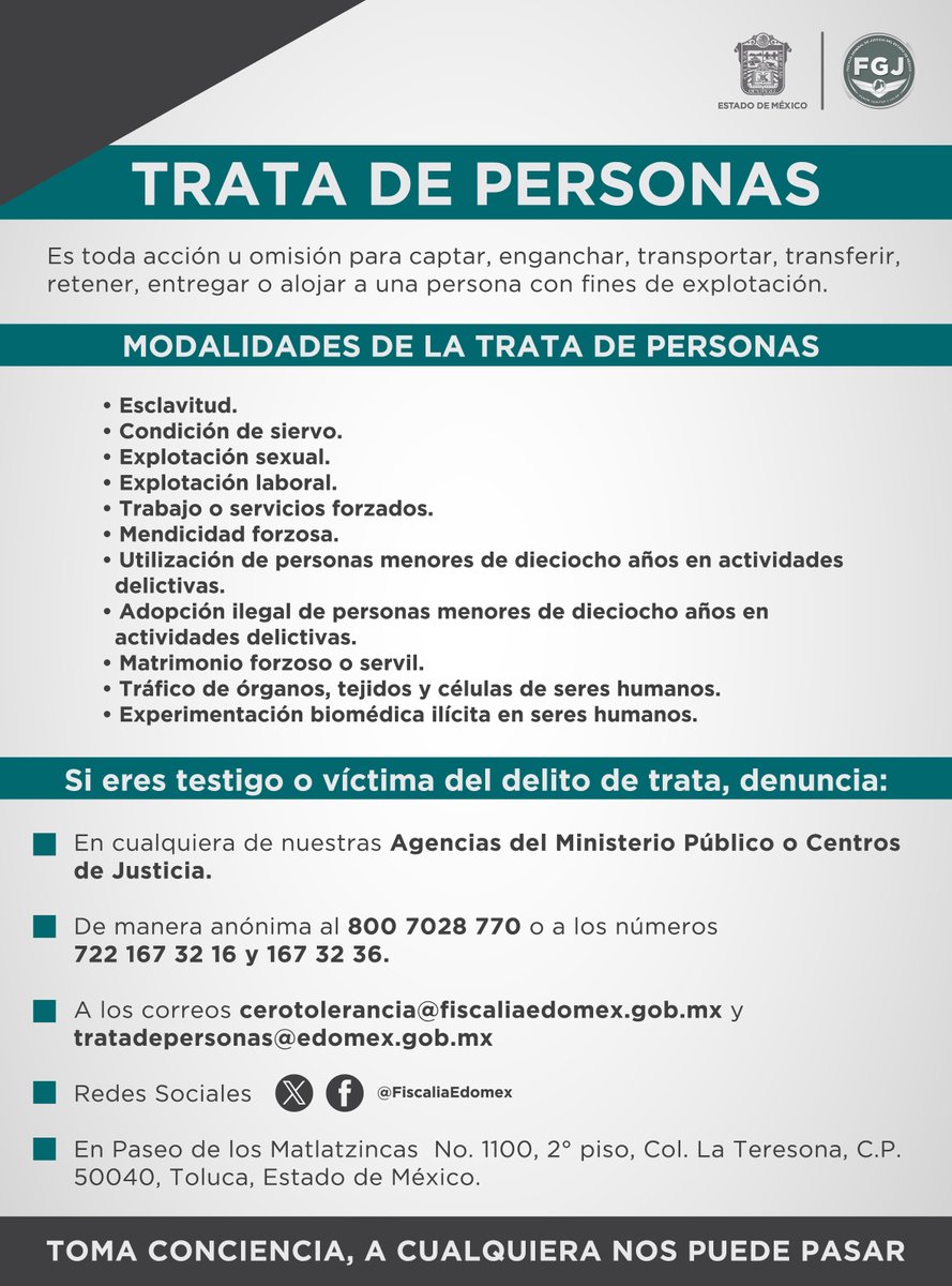 FiscaliaEdomex's tweet photo. La #TrataDePersonas es un problema que nos incumbe a todas y todos, si eres testigo o víctima de este delito, #Denuncia al 800 7028 770 o en la aplicación móvil. https://t.co/9VNtglc0rt