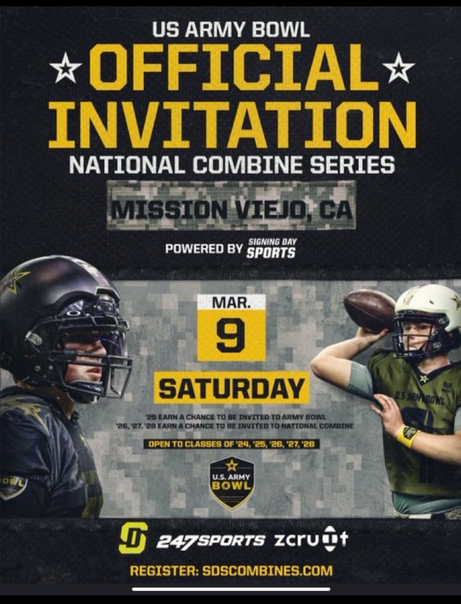 Blessed to receive an official invitation to the US Army Bowl National Combine 🙌 Grateful for the opportunity to compete!
<a href="/ArmyBowlCombine/">USArmyBowlCombine</a>   <a href="/jrutkowski288/">Justin Rutkowski</a> <a href="/SDSports/">Signing Day Sports</a> 
<a href="/CoachRobakSWAY/">Cameron Robak</a> <a href="/PrepRedzoneWA/">Prep Redzone Washington</a> <a href="/BrandonHuffman/">Brandon Huffman</a> <a href="/RecruitRadarPNW/">Recruit Radar</a> <a href="/PNWSports_/">PNW Sports 𝕏</a> <a href="/SBLiveWA/">Washington High School On SI</a>