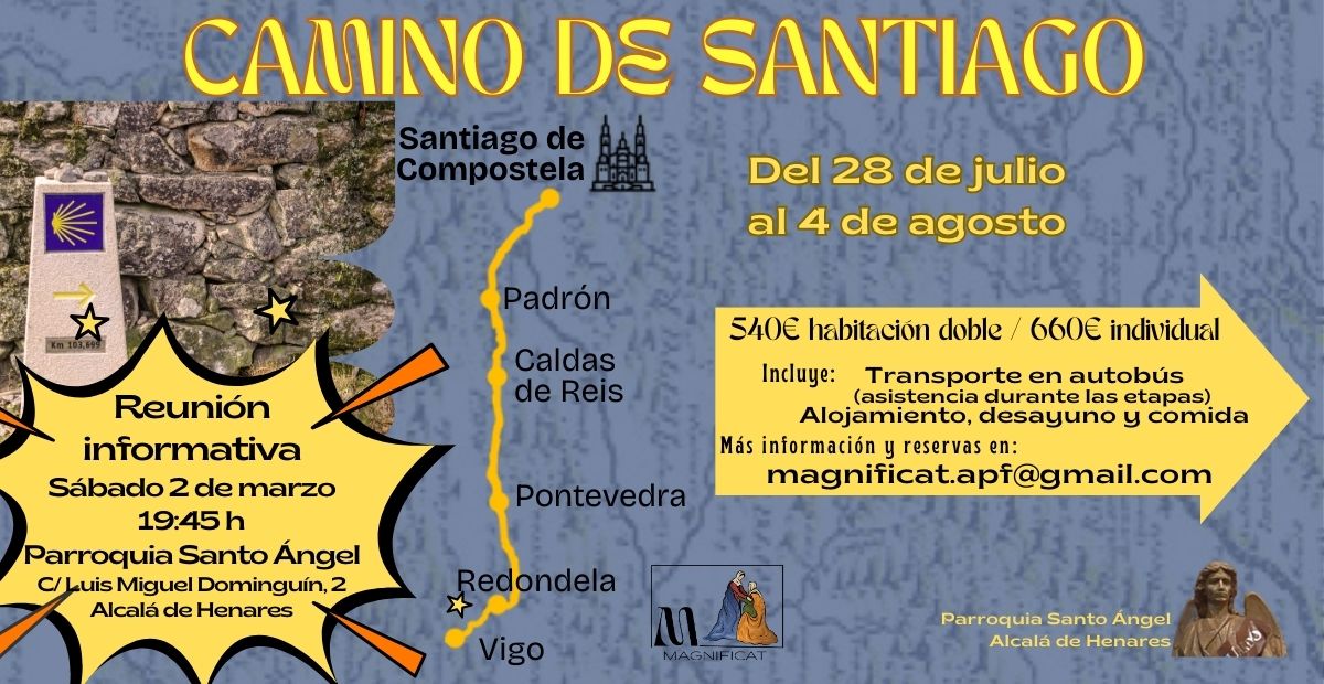 Si tienes dudas para preparar tu mochila de peregrino y venirte con nosotros al #CaminoDeSantiago... ¡te esperamos este sábado a las 19.45 h!

Acude y apúntate a esta aventura de vida y fe que al recorrer el #CaminoPortugués hasta #Santiago

¡Ven #ASantiagoConMagnificat! 🥾