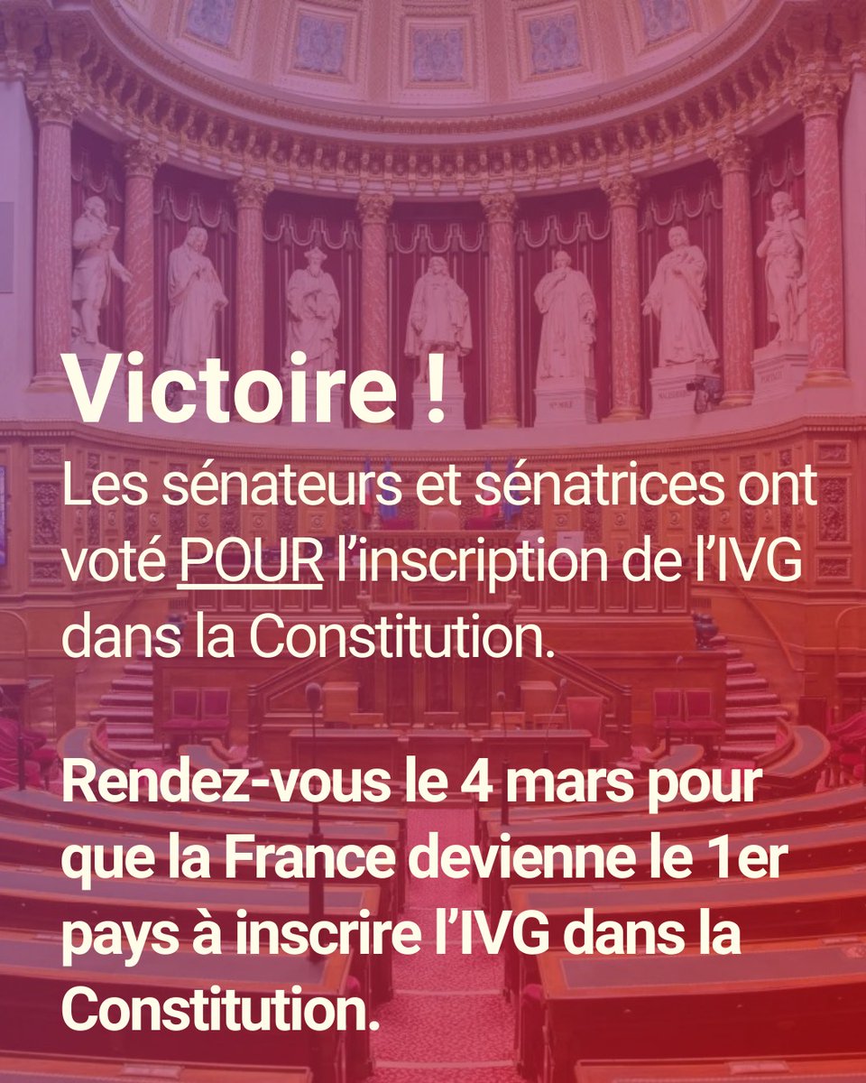 📣Vote historique : le Sénat a voté pour l'inscription de l'IVG dans la Constitution ! 💜

Rendez-vous au Congrès ✊✊