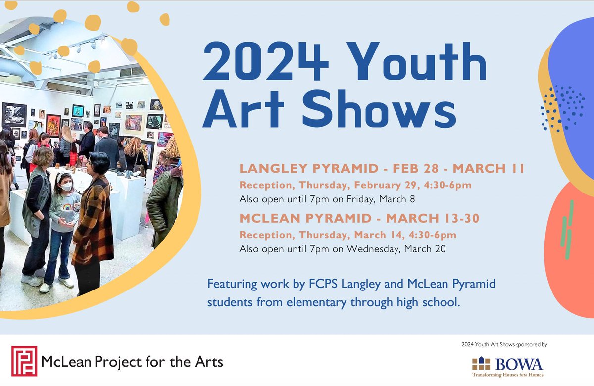 McLeanProjectForArts (@mp4a) on Twitter photo McLean Project for the Arts presents Youth Art Shows
Experience beautiful works of art from young artists at MPA's Youth Art Shows!
Langley Pyramid exhibition open Feb 28 to March 11, with Opening Reception on Feb 29, 4:30 to 6PM. Presented by BOWA.
@artsfairfax <a href="/FCPSfinearts/">FCPS Fine Arts</a> McLean Project for the Arts presents Youth Art Shows
Experience beautiful works of art from young artists at MPA's Youth Art Shows!
Langley Pyramid exhibition open Feb 28 to March 11, with Opening Reception on Feb 29, 4:30 to 6PM. Presented by BOWA.
@artsfairfax <a href="/FCPSfinearts/">FCPS Fine Arts</a>