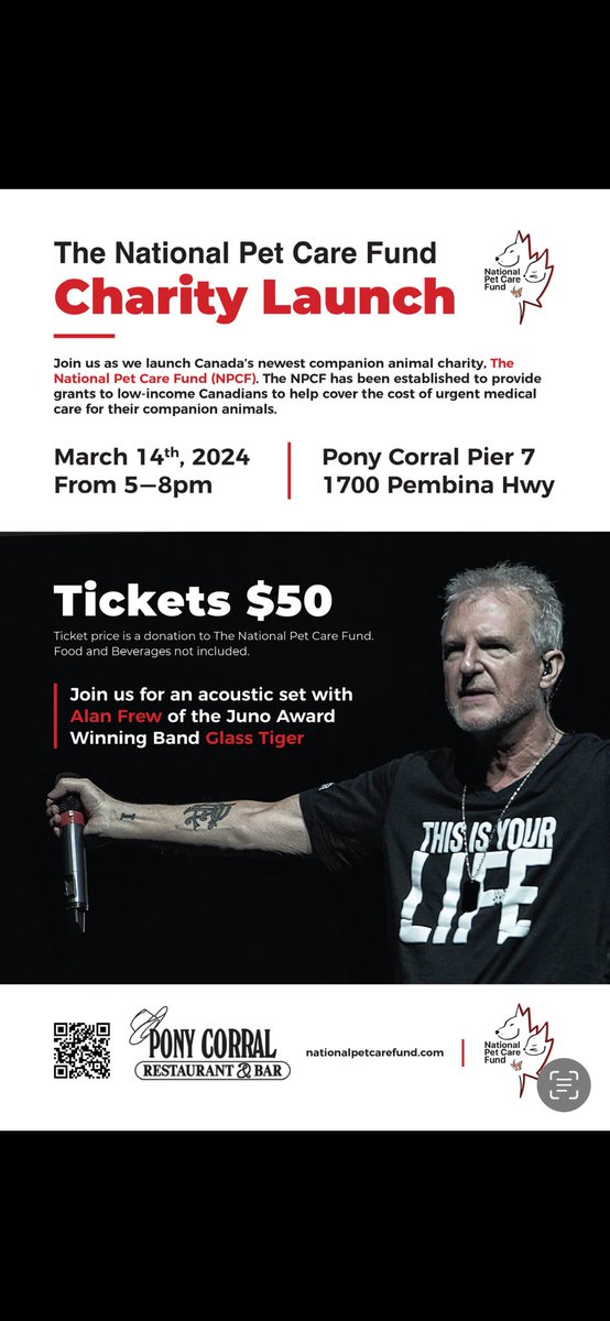 Pony Corral Pier 7 presents the launch of a new national charity with Alan Frew of Glass Tiger … Thursday March 14th ✨🎸
because no pet should go without urgent medical care. 🐈 
Only 250 tickets - get yours now with any donation over $50 🐶 
Visit: nationalpetcarefund.com