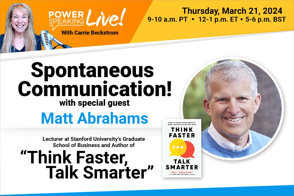 PowerSpeaking's tweet image. Join our next Live! conversation with Matt and CEO Carrie Beckstrom to learn proven strategies for managing anxiety when you’re asked to give an impromptu talk.  REGISTER: hubs.ly/Q02mBp7Q0

#pslive #communicationskills #publicspeaking #fearofpublicspeaking