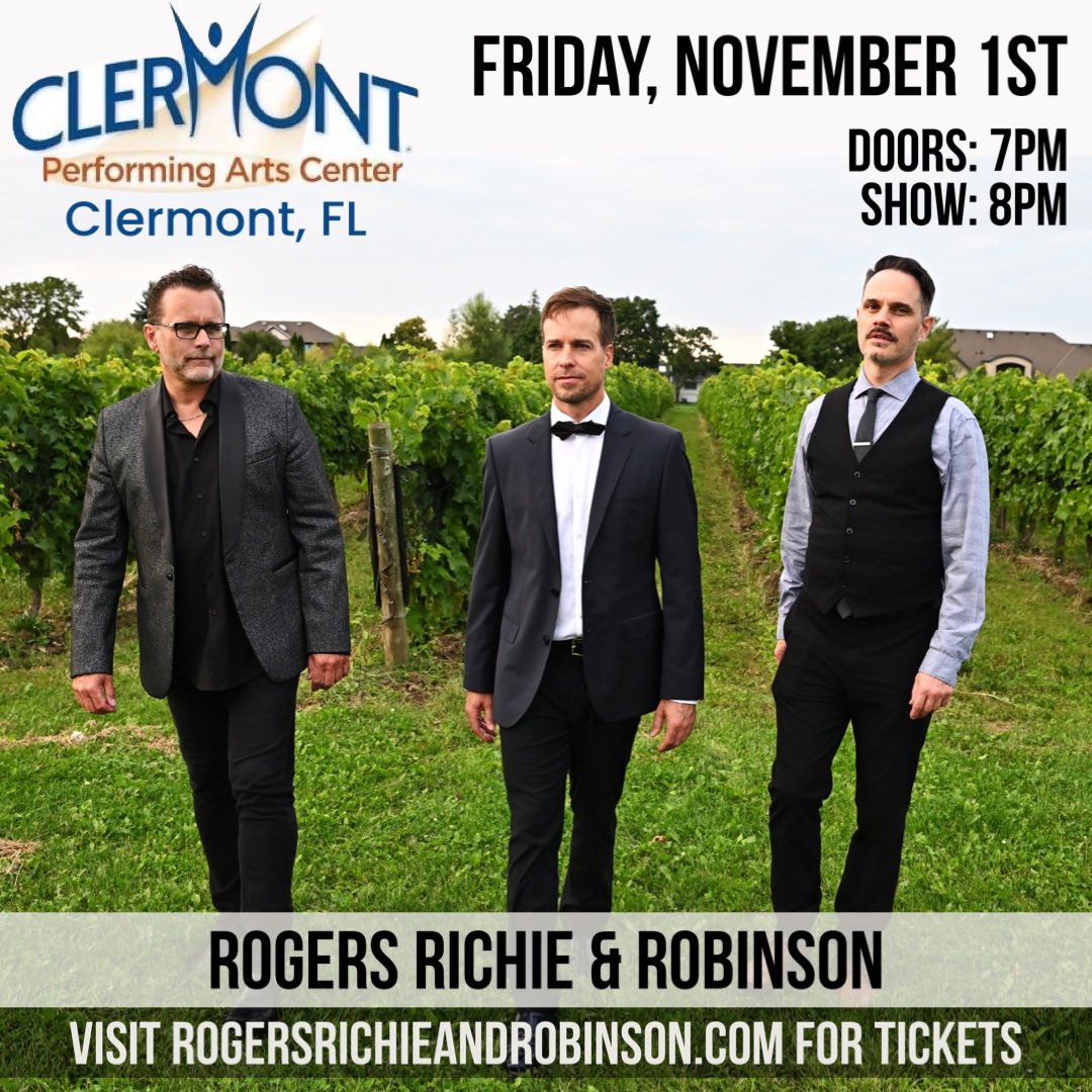 FLORIDA! We can’t wait to perform our rendition of songs for you by Kenny Rogers, Lionel Richie & Smokey Robinson! See you in Clermont at the Clermont Performing Arts Center on Friday, November 1st! Visit rogersrichieandrobinson.com/events for tickets. #rogersrichierobinson