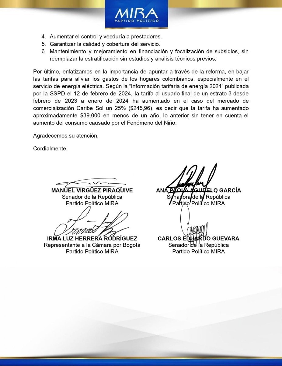Se aproxima un debate decisivo para los Servicios Públicos Domiciliarios (SPD) en Colombia. Por ello, la bancada de congresistas del @PartidoMIRA le solicita al Gobierno Nacional, en cabeza del Sr. Presidente @PetroGustavo, Incluir en el proyecto de Reforma a la Ley 142 de 1994…