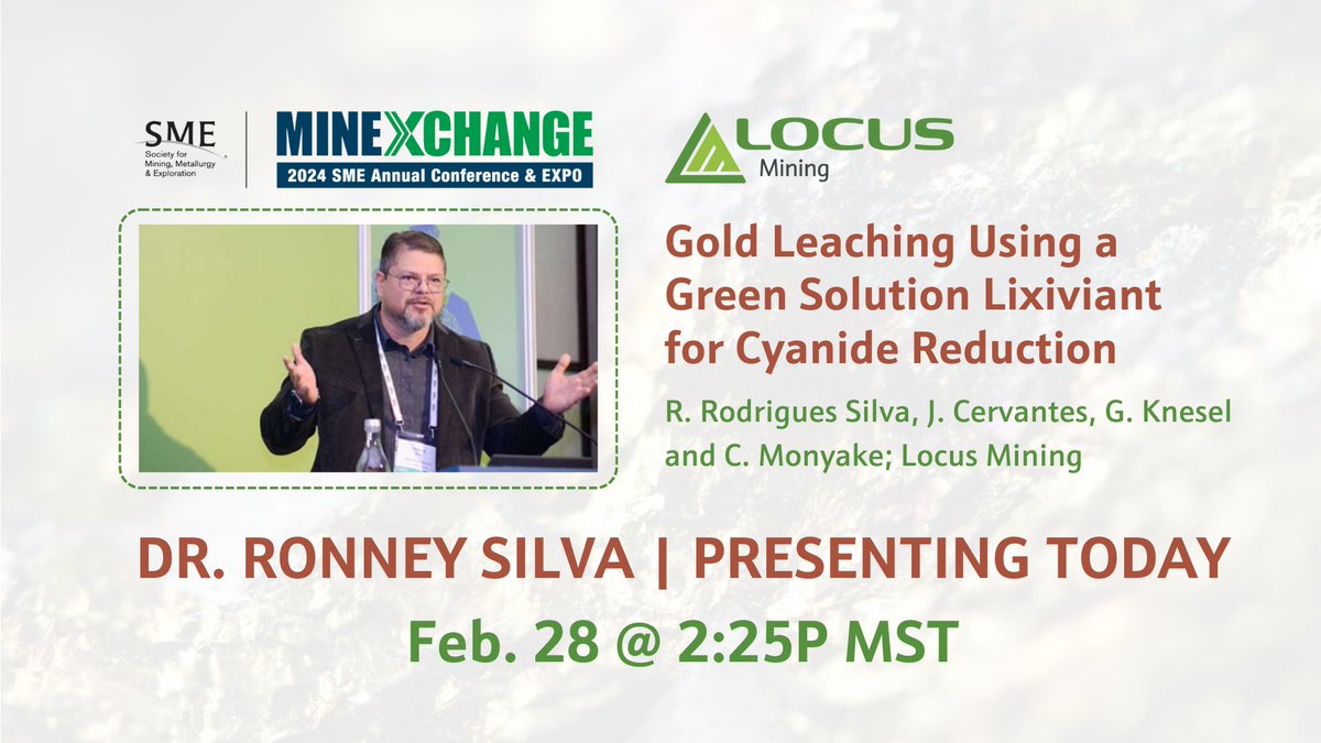 It's day 2 of #MINEXCHANGE2024's Technical Program &amp; Dr. Silva will present the team's paper on replacing cyanide using biosurfactant technology involving 46+ tests. The results are promising: cyanide reductions up to 71% with high levels of gold recovery @ 90%. <a href="/smecommunity/">SME</a>