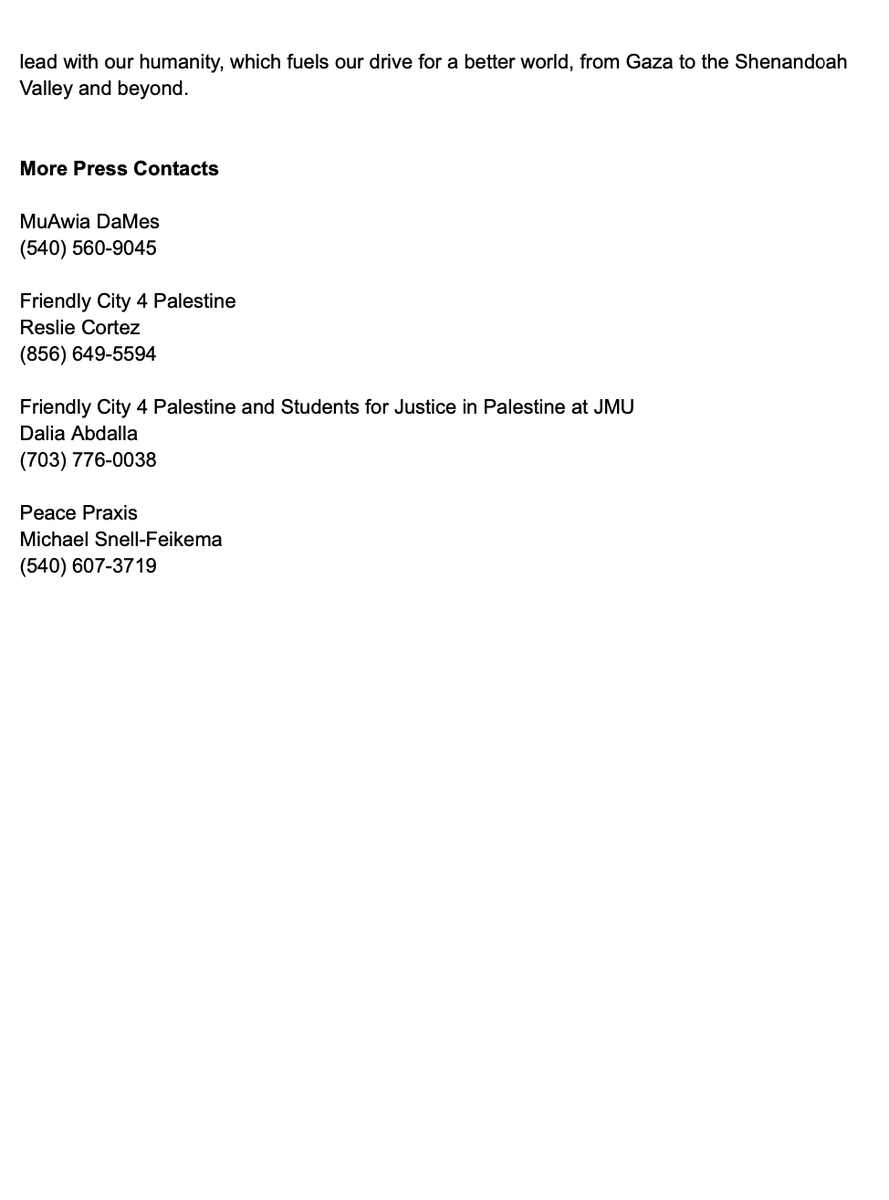In a unanimous vote at the City Council meeting last night, #Harrisonburg became the first city in #Virginia to  pass a resolution calling for an 'immediate' #ceasefire in #Gaza and #Israel. Read more of #FC4P's statement below.

#Palestine #Resolution #JMU #FriendlyCity
