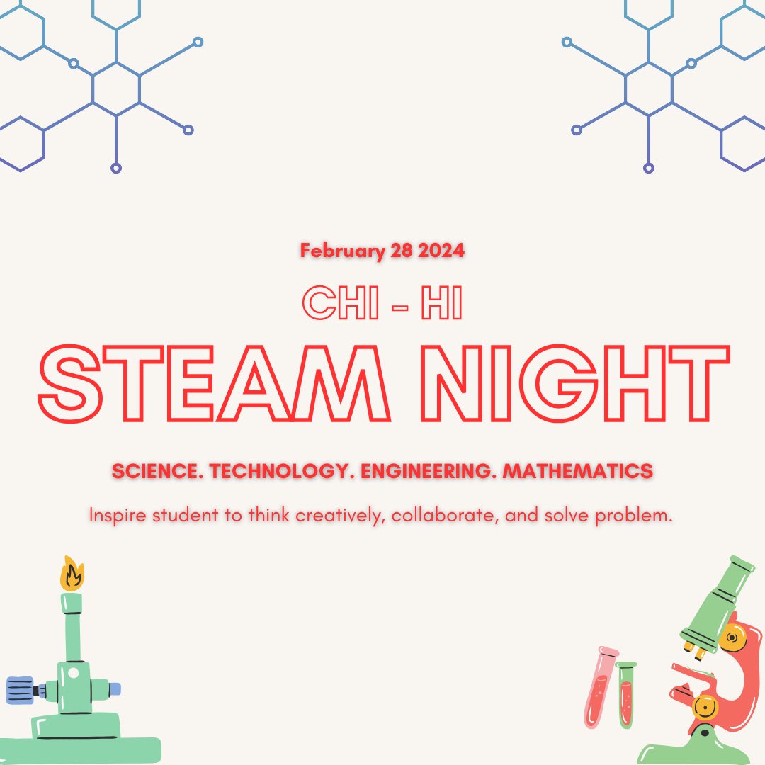 STEAM Night tonight at Chi Hi. Live stream tonight on YouTube at 5! #STEAM #science #technology #engineering #mathematics #chihi #cardinals