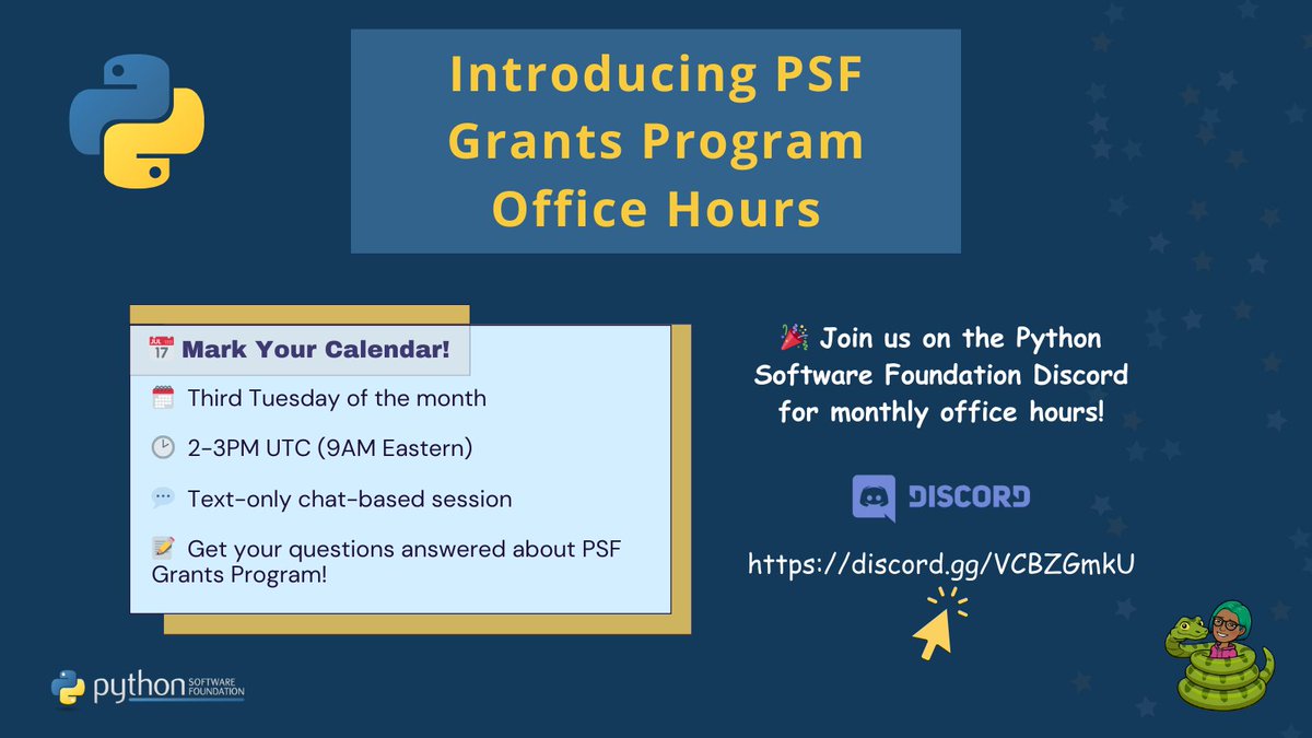 📢Great news for #Python community!🐍
Have questions about applying for #PSF Grants for your event or project? We've got you covered!🚀Introducing:

✨PSF Grants Program Office Hours✨

Join us as we kick off this initiative to better serve YOU!
Details:👇
pyfound.blogspot.com/2024/02/introd…