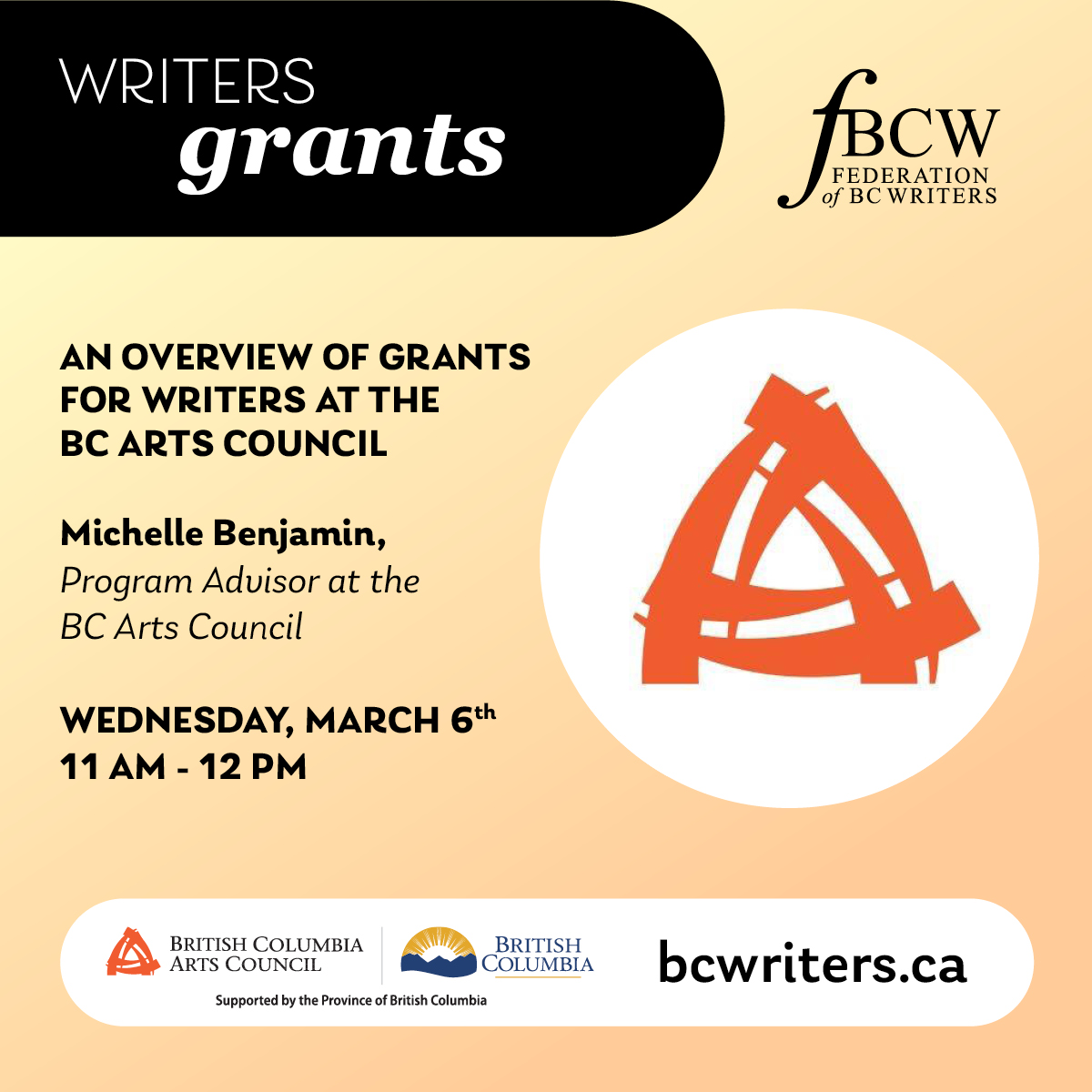 Are you interested in applying for a BC Arts Council Grant? Join us on Wednesday, March 6, at 11 am PST for An Overview of Grants for Writers at the BC Arts Council! @BCArtsCouncil Register on our website: bcwriters.ca/event-5631871