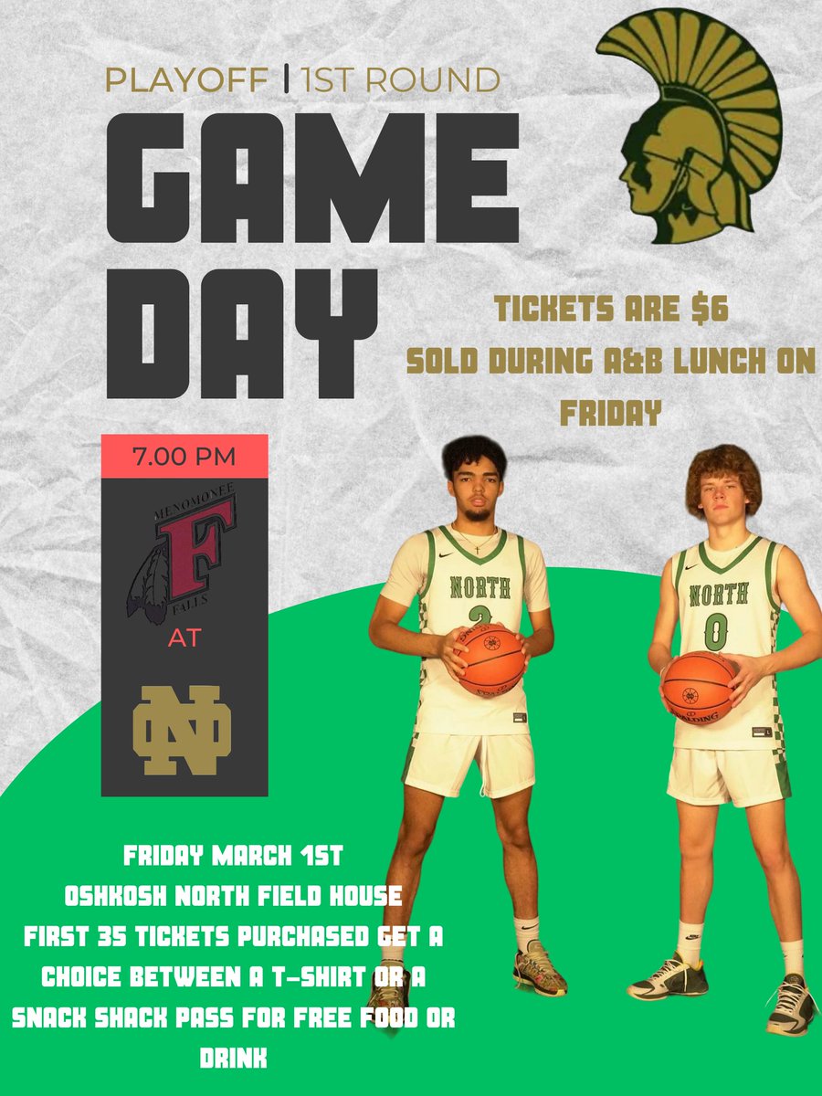 Operation: Fill the Fieldhouse with Fans

WIAA PLAYOFFS

<a href="/OshkoshNorthHS/">Oshkosh North HS</a> students get your tickets on Friday &amp; get free stuff. 

The first 30 students who purchase their tickets get put in a raffle to win their money back!