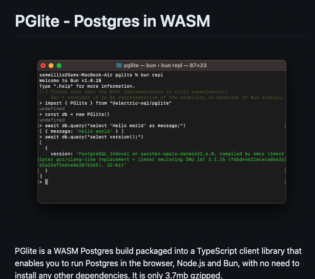 Whoa, this is like the combination of peanut butter and jelly, #PGlite -- Postgres in #wasm. H/T to @neondatabase and @ElectricSQL for the development! Viva Postgres! github.com/electric-sql/p…