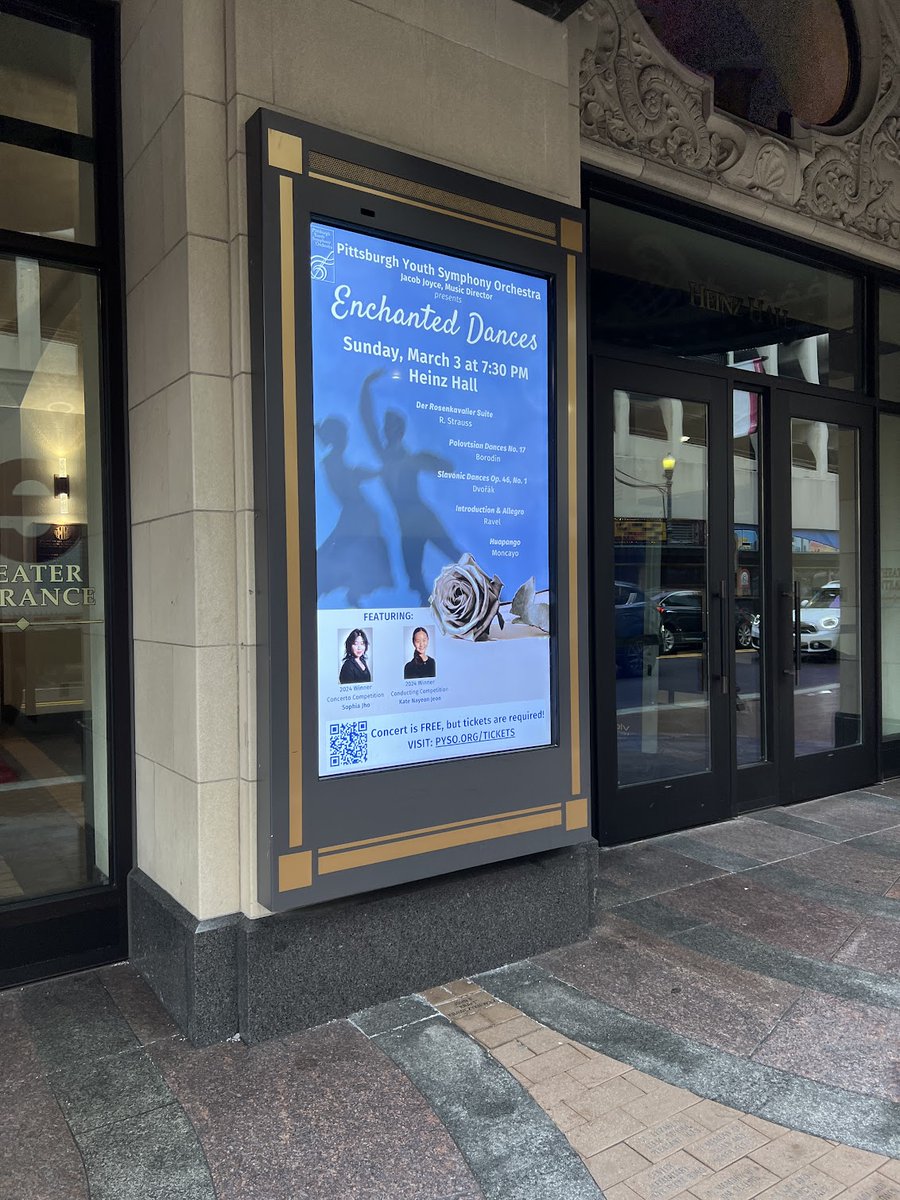 Excitement is in the air! 🌟Seeing a PYSO poster proudly displayed at Heinz Hall is always a magical moment. Don't let the enchantment pass you by – join us for our winter concert, 'Enchanted Dances,' this Sunday at 7:30 PM. Download your free tickets: pyso.org/tickets