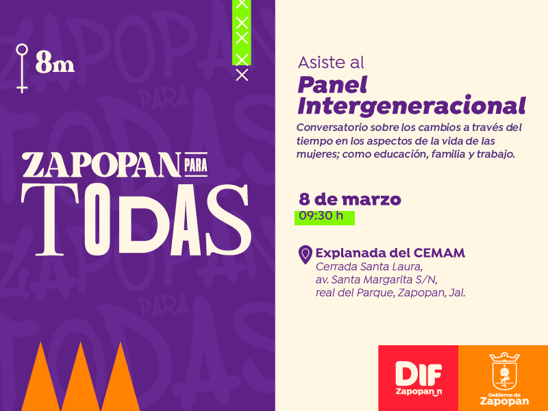 Desde DIF trabajamos incansablemente para tener un #ZapopanParaTodas. 💜 En el marco del #8M te invitamos a ser parte del Panel Intergeneracional que se llevará a cabo el 8 de marzo en la explanada del Centro Metropolitano del Adulto Mayor. ¡No faltes!