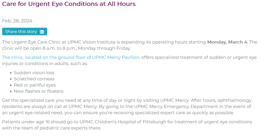 eyeandear's tweet photo. Breaking news!! @Pitt_Ophtho
#urgentcareeyeclinic #ophthalmology #visioninstitute #expandedhours #visioncare #vision https://t.co/US31fDCfN0