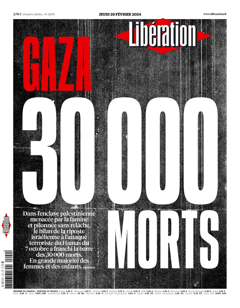 Gaza : 30 000 morts C'est la une de @libe ce jeudi Lire : journal.liberation.fr